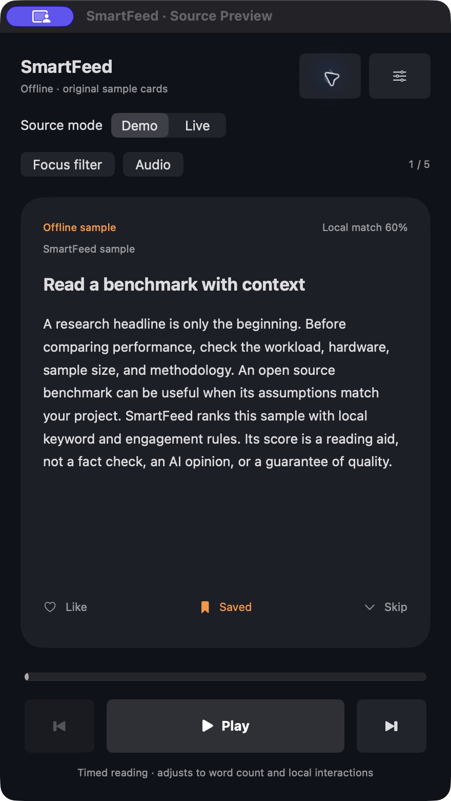Actual SmartFeed native macOS preview showing the SwiftUI reader and saved-card controls